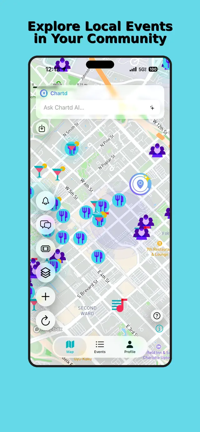 Chartd screenshot: live map of Charlotte with clustered event pins