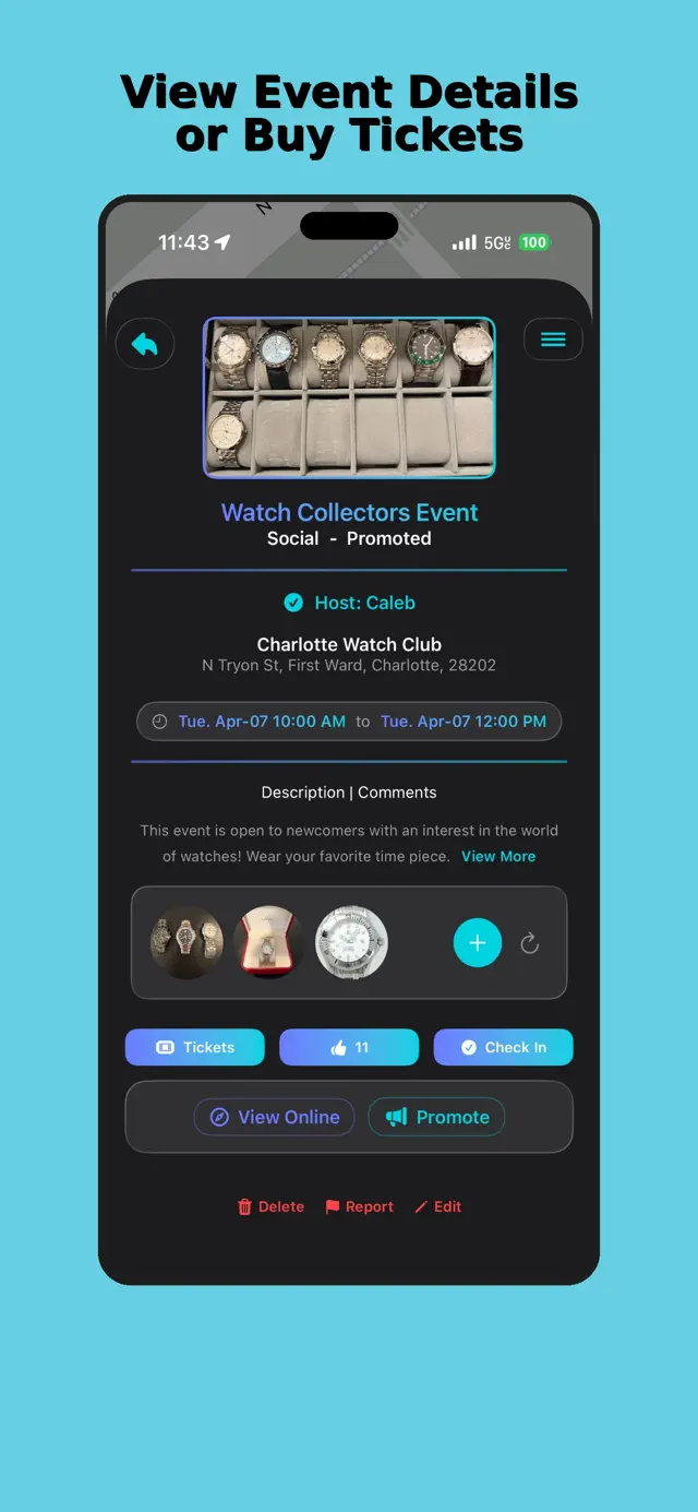 Chartd screenshot: event detail page with tickets, likes, and check-in