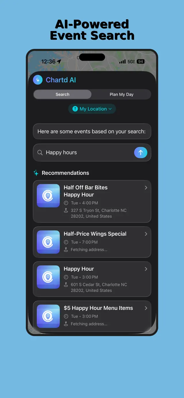 Chartd screenshot: Chartd AI recommending nearby happy hours