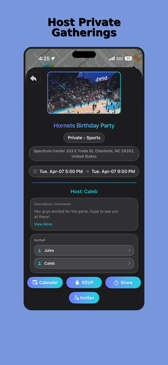 Chartd screenshot: hosting a private gathering with invites and RSVP