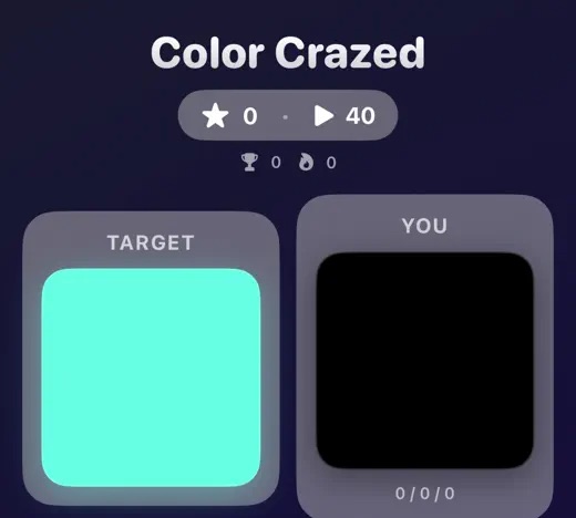 Color Crazed screenshot: matching a target color by mixing red, green, and blue