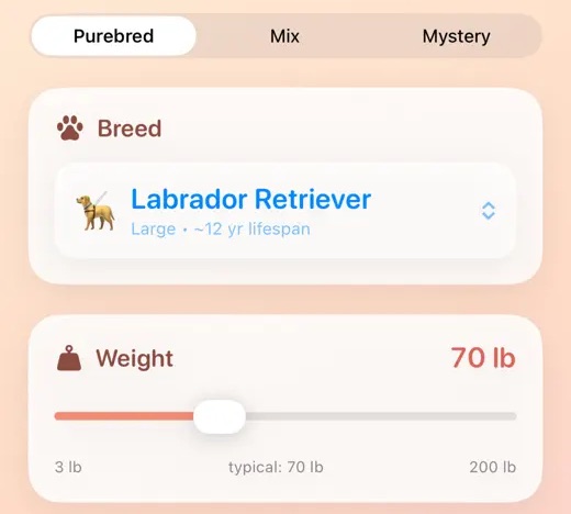Tail Time screenshot: dog age calculator personalized by breed, weight, and age