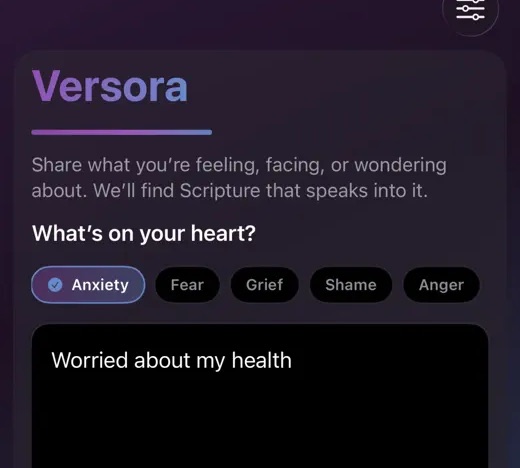 Versora screenshot: sharing a worry and receiving recommended Scripture passages